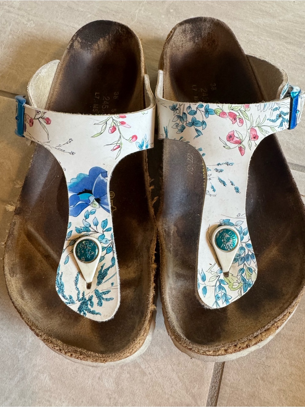Birkenstock White Floral Thong Sandals with Blue Accents